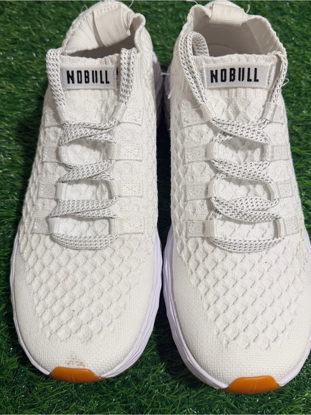 NOBULL Women's White Knit Sneakers with Orange Toe Accent
